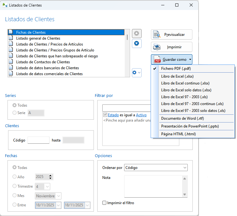 OfiPro permite grabar los listados e informes en múltiples formatos