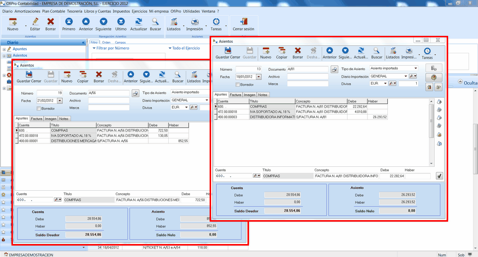 Trabajo simultáneo con varios asientos contables