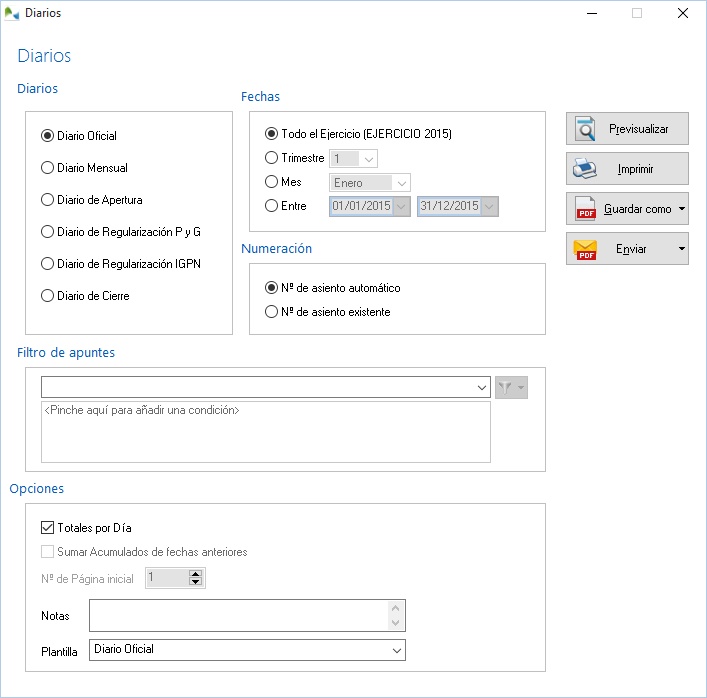 Pantalla del informe Diario