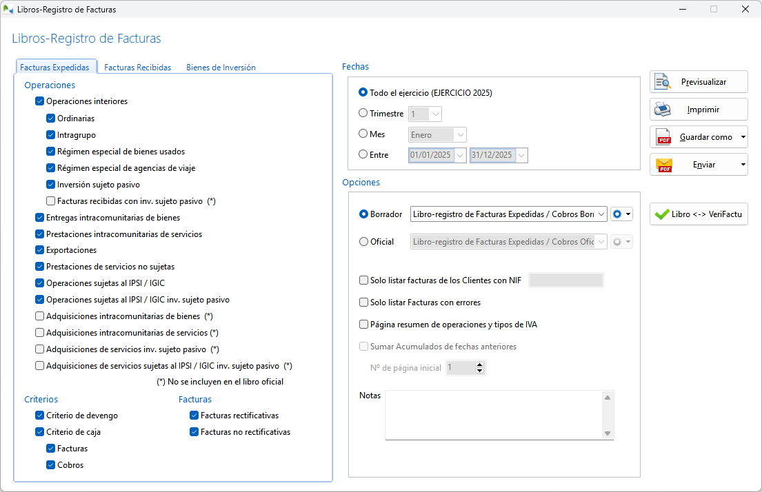 Pantalla de emisión del Libro-registro de facturas