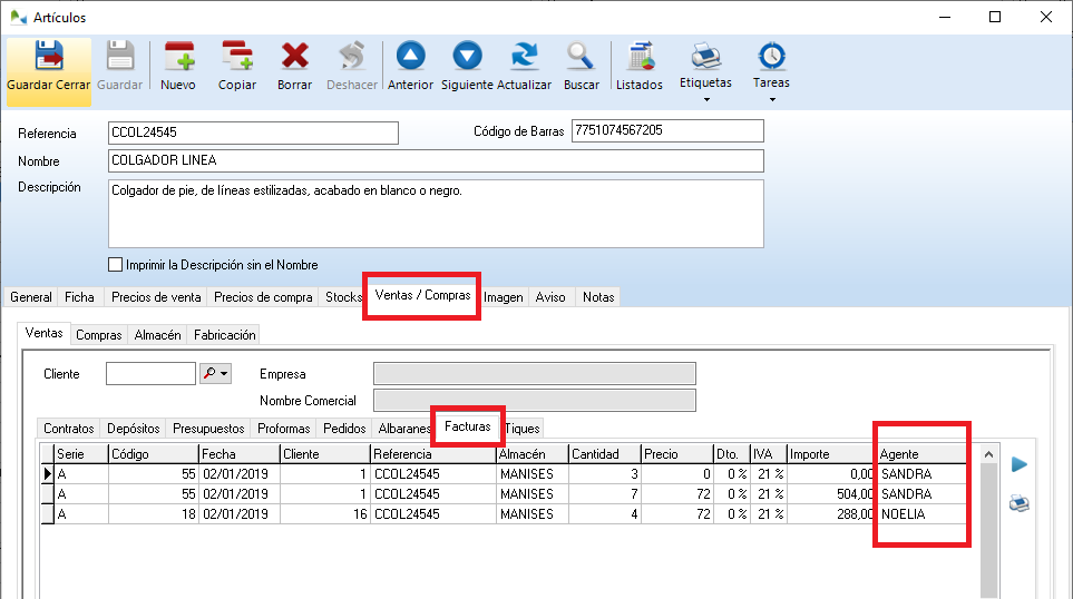 El campo Agente, añadido en la lista de líneas de facturas, se visualiza también en la lista de facturas de las fichas de Artículos. El campo Agente, añadido en la lista de líneas de facturas, se visualiza también en la lista de facturas de las fichas de Artículos.