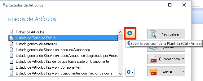 Cambie la posición del listado seleccionado con los botones Subir y Bajar