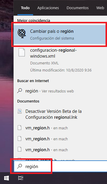 Teclee "región" en el menú de inicio de Windows Teclee "región" en el menú de inicio de Windows