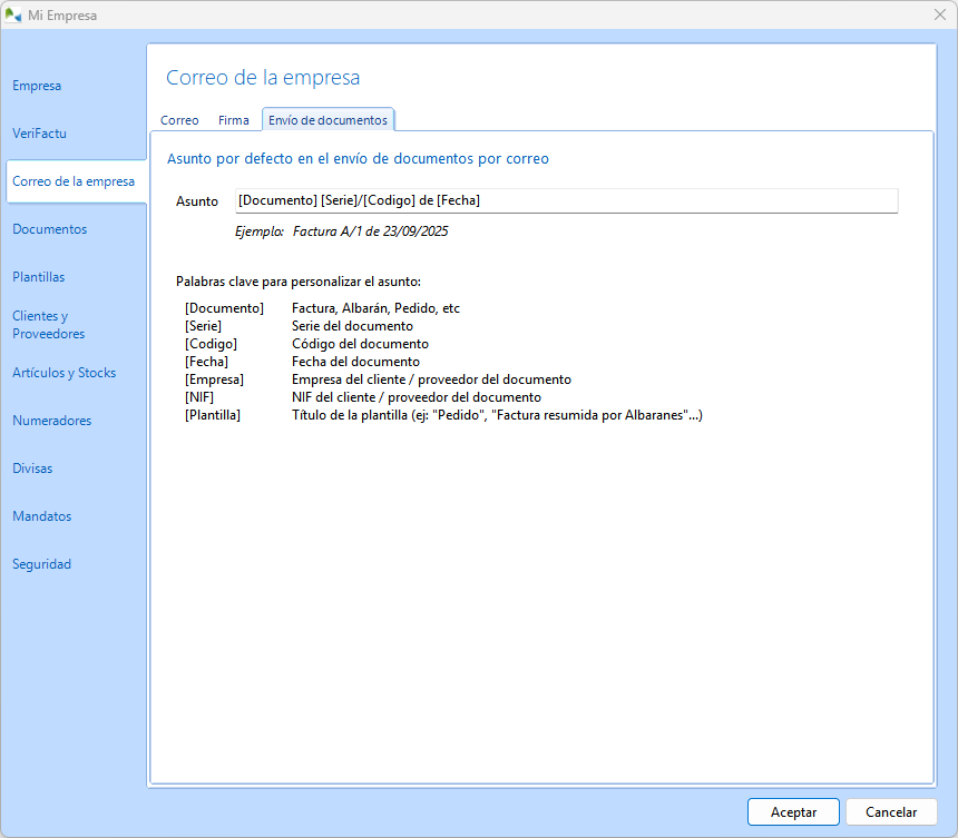 Asunto por defecto de los correos de los documentos que se envían a clientes y proveedores