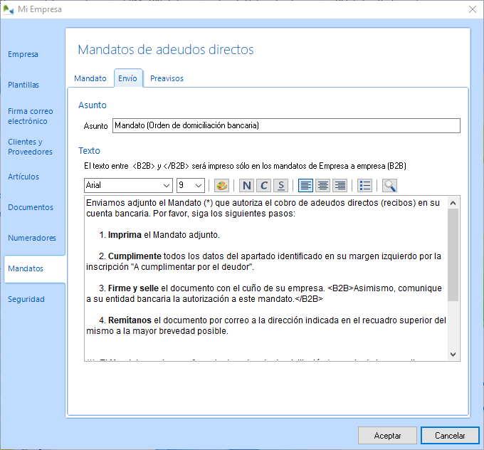 Texto del correo electrónico para el envío del mandato