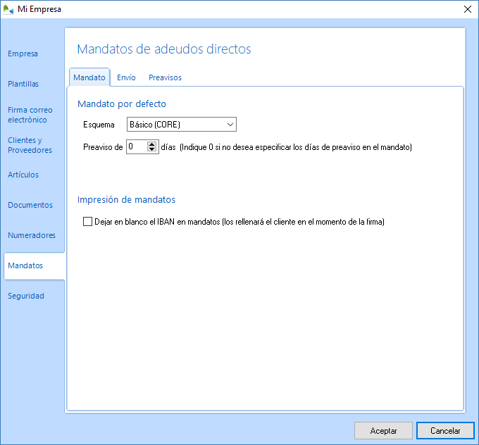 Configuración de los mandatos de adeudos directos