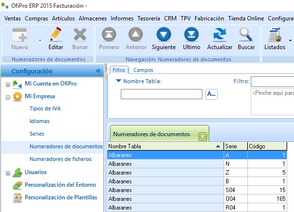 Numeradores de documentos en OfiPro