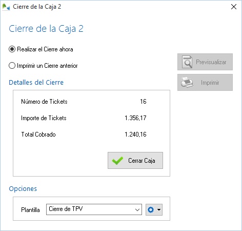 Opciones de cierre de caja