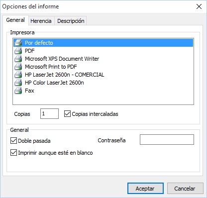establezca en este apartado las opciones del informe