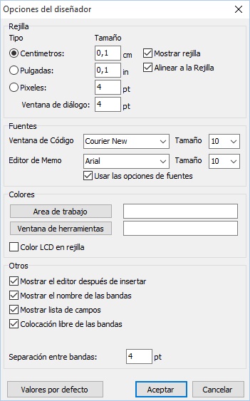 Opciones del diseñador de informes