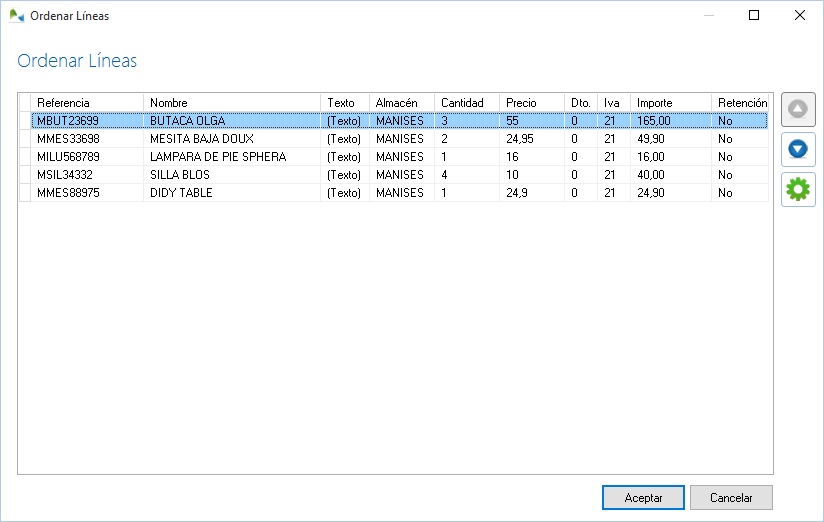 Ordenar líneas del documento en OfiPro