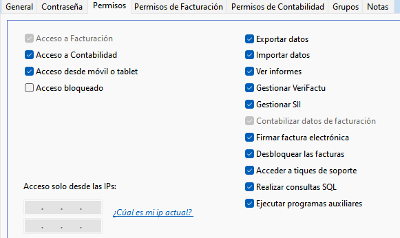 Permisos del usuario en OfiPro
