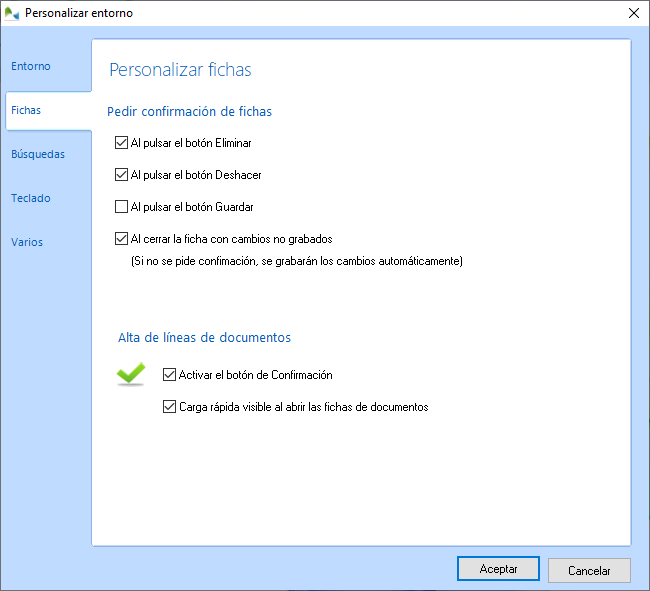 Configuración del entorno: opciones de fichas