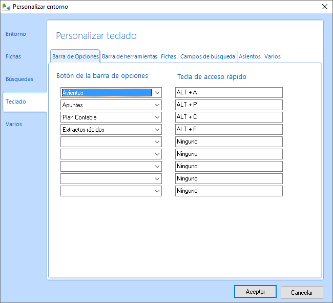 Configure las teclas de acceso rápido a las opciones más frecuentes de la barra de opciones de OfiPro Contabilidad