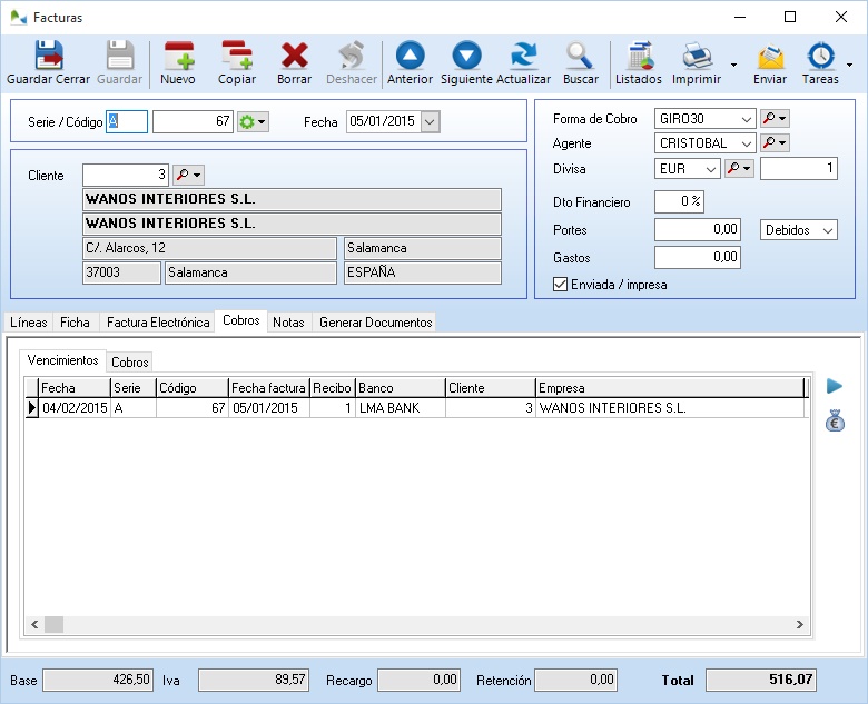 Vencimientos y cobros desde la ficha de la factura