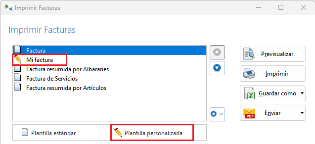 La plantilla "Mi factura" es una plantilla personalizada