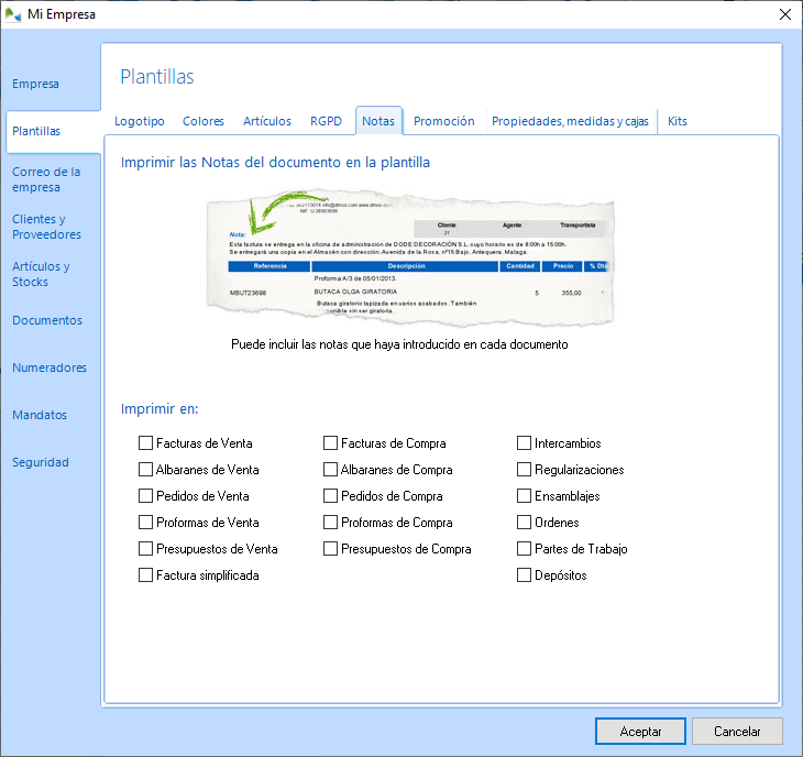 Seleccione en qué plantillas imprimirá las Notas