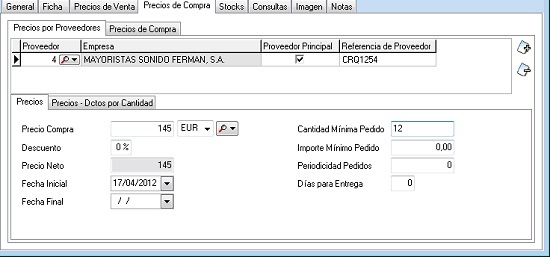 Referencias precios y tarifas de proveedor del artículo