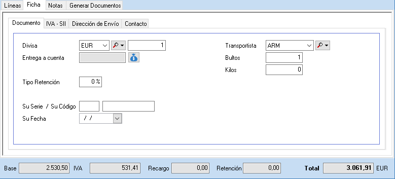 Campos específicos en la pestaña Ficha, en los Presupuestos y Facturas Proforma de OfiPro