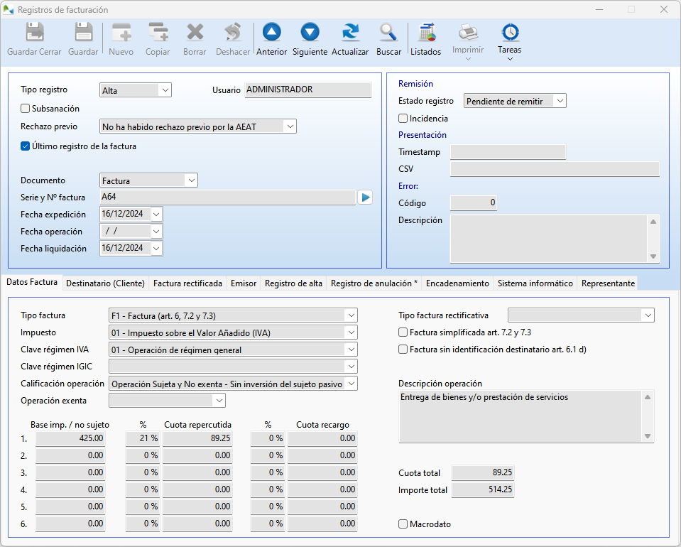 Ficha de un registro de facturación VeriFactu