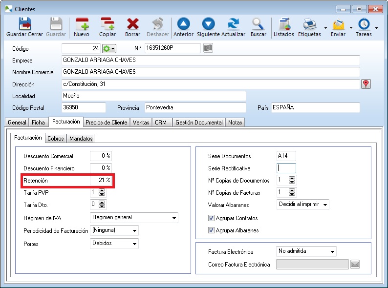 Ficha de cliente con retención