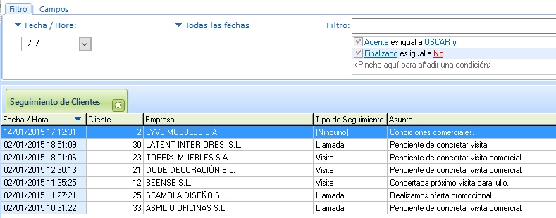 Lista de Seguimientos de Cliente