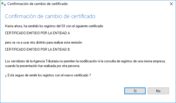 Confirme el uso de un certificado distinto al de la última remisión