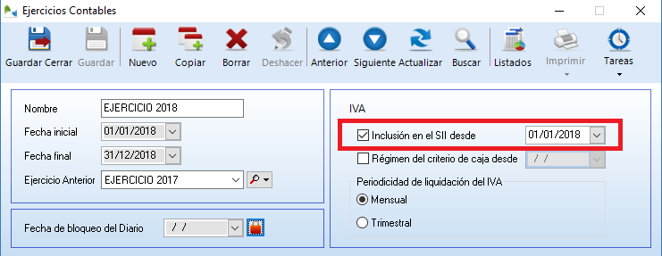Activación de la gestión del Suministro Inmediato de la información (SII) en la ficha de Ejercicios