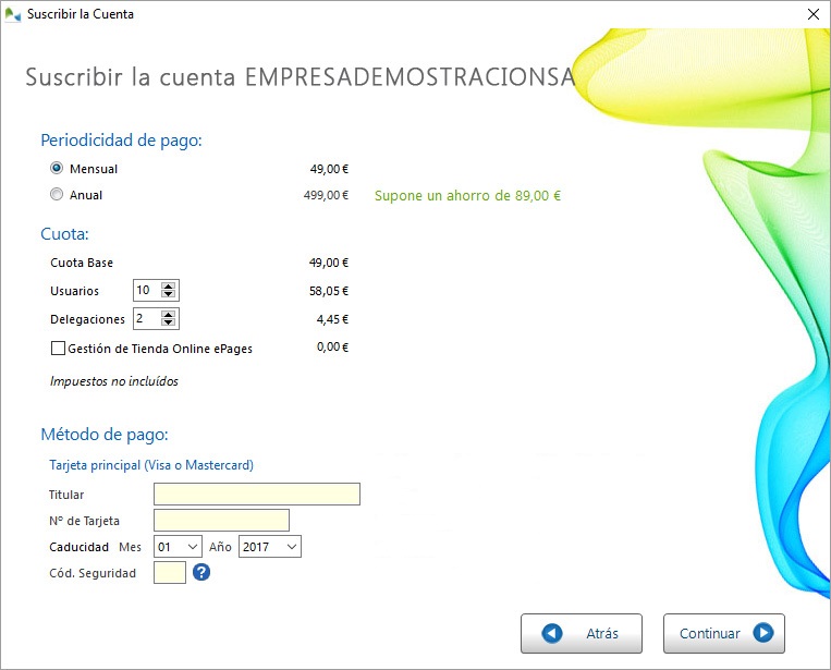Escoja la periodicidad de pago e introduzca los datos de su tarjeta bancaria Escoja la periodicidad de pago e introduzca los datos de su tarjeta bancaria