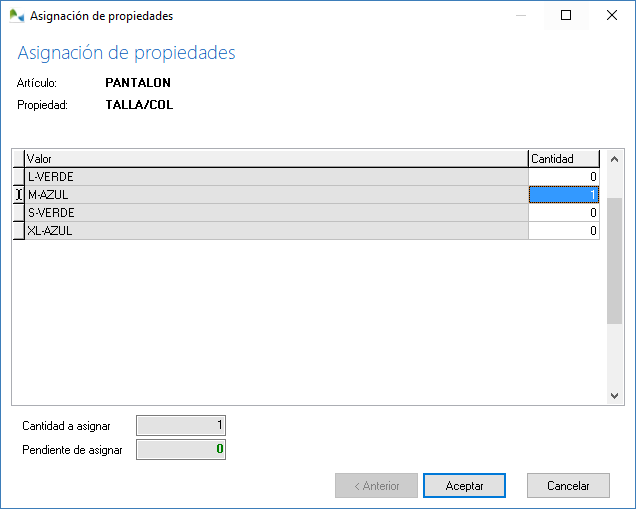 Asignación de tallas y colores en una venta
