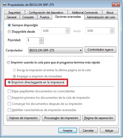 Configure el driver para 'Imprimir directamente en la impresora' Configure el driver para 'Imprimir directamente en la impresora'