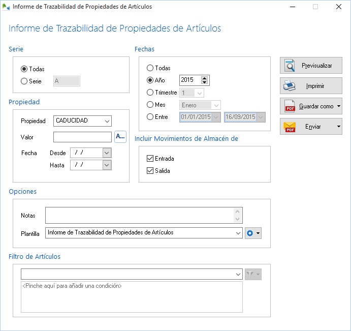 Informe de trazabilidad de propiedades de artículos