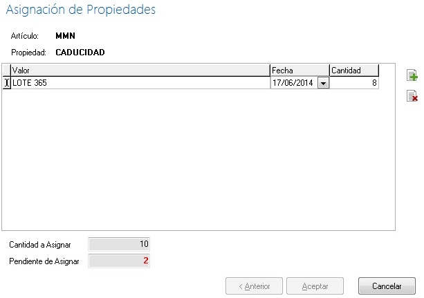 Pantalla de asignación de propiedades con cantidades pendientes de asignar