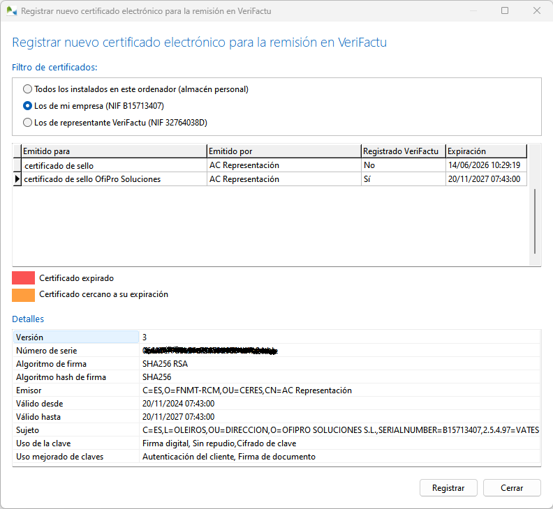Selección del certificado electrónico a registrar, con el filtro para visualizar solo los de mi empresa.