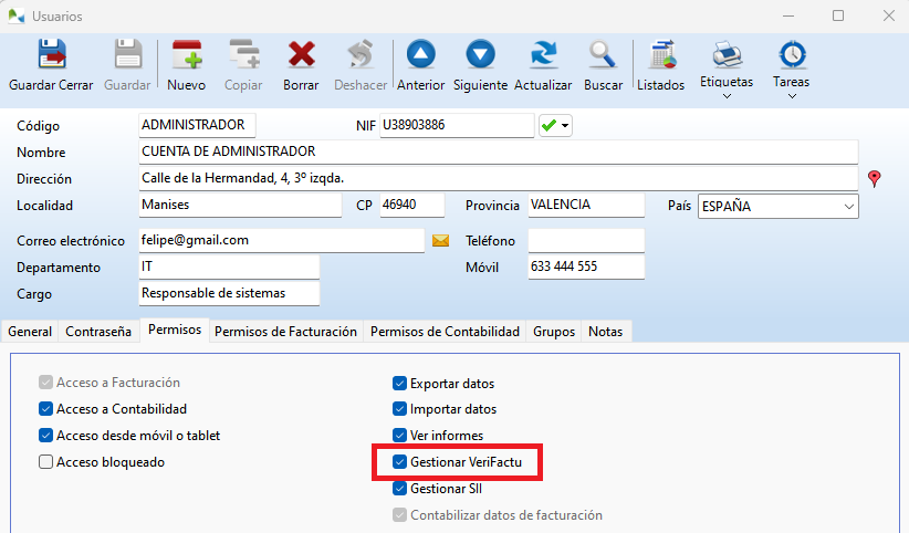 Permiso de acceso a VeriFactu activado