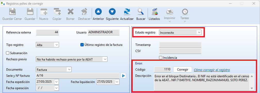 Registro de facturación con errores